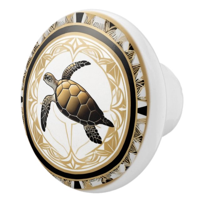 Art Deco Sea Turtle Black White Gold Ocean Life Ceramic Knob (Right)