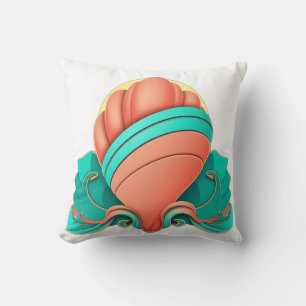 Art Deco Seashell in Turquoise and Coral Throw Pillow