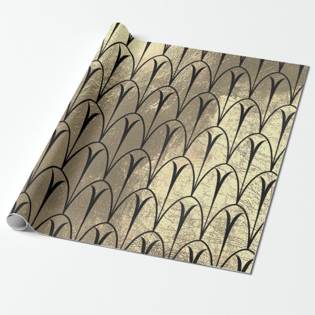 Art Deco Seashells Scales Black Sepia Gold Wrapping Paper (Unrolled)