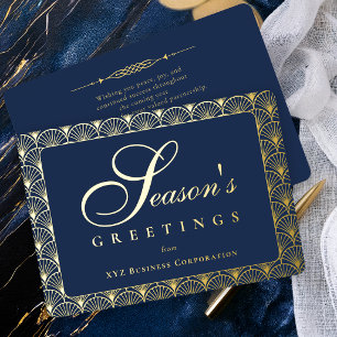 Art Deco Season's Greetings Navy Business Foil Holiday Card