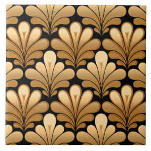 Art Deco Shell Pattern, Gold and Black Tile