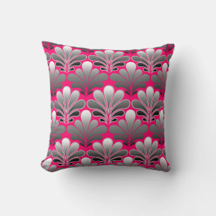 Art Deco Shell Pattern, Grey and Fuchsia Pink Throw Pillow