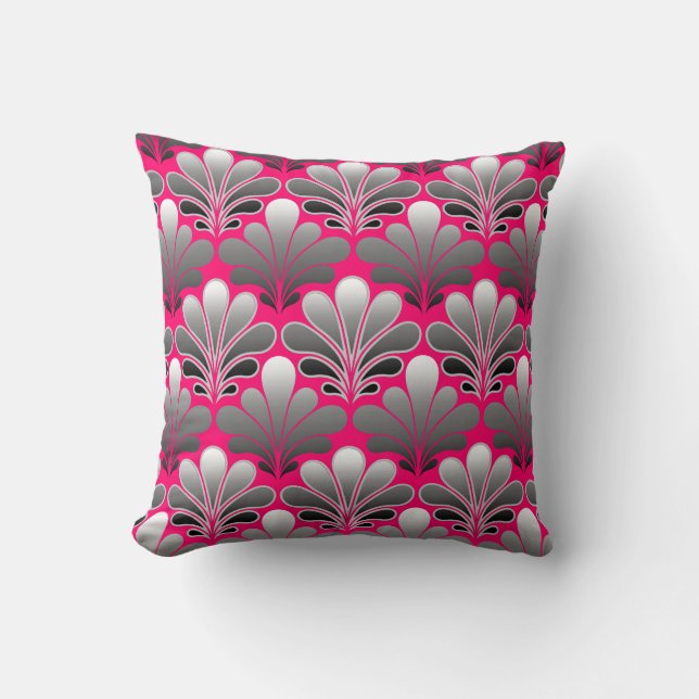 Art Deco Shell Pattern, Grey and Fuchsia Pink Throw Pillow (Front)
