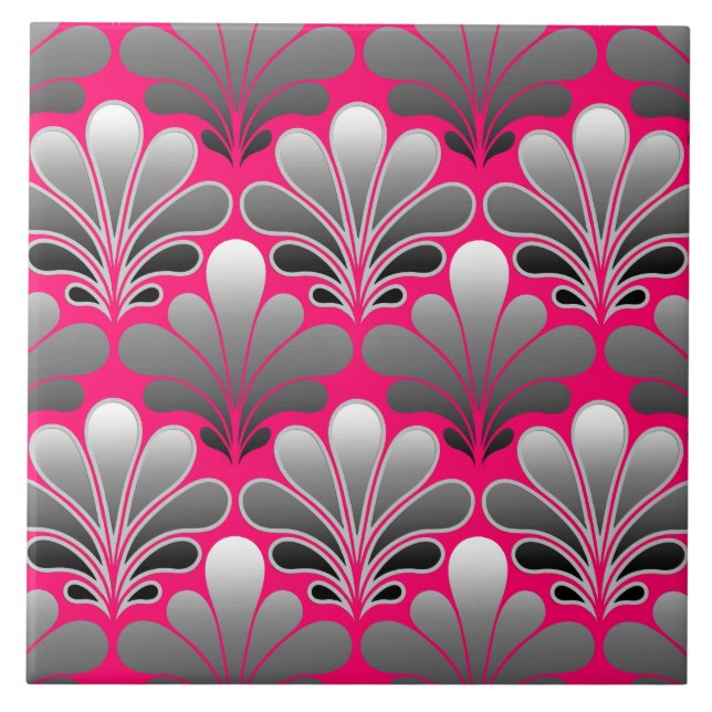 Art Deco Shell Pattern, Grey and Fuchsia Pink Tile (Front)