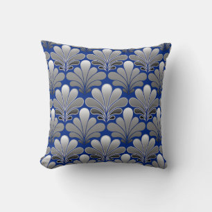Art Deco Shell Pattern, Silver and Cobalt Blue Throw Pillow