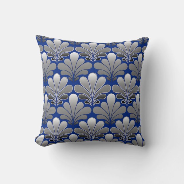 Art Deco Shell Pattern, Silver and Cobalt Blue Throw Pillow (Front)