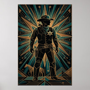 Art Deco Sheriff Poster - Geometric Cowboy Silhoue
