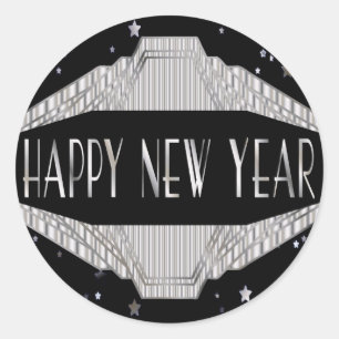 Art Deco Silver and Black Happy New Year Stickers