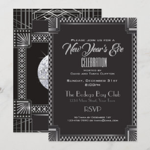 Art Deco Silver and Black NYE Gatsby Style Invitation