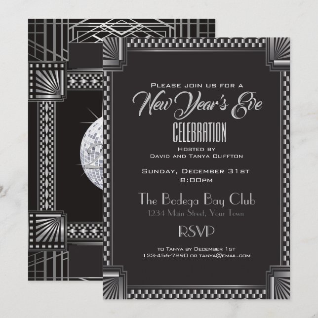 Art Deco Silver and Black NYE Gatsby Style Invitation (Front/Back)