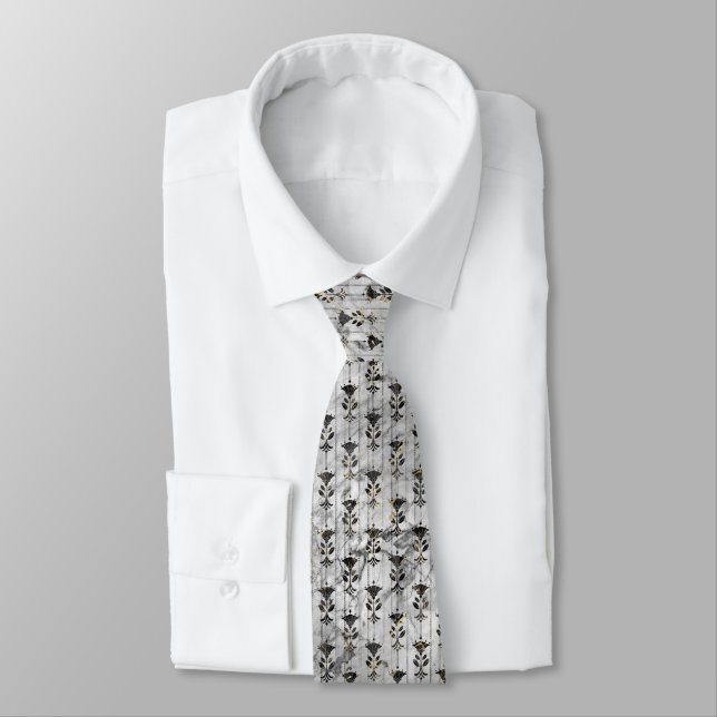 ART DECO SILVER BLACK PATTERNED TIE (Tied)