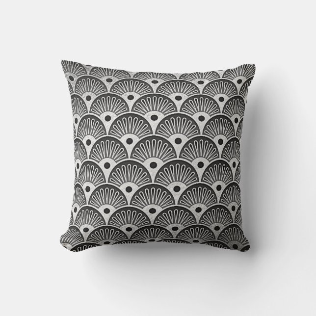 Art Deco Silver Black White Seashells Pillow (Front)