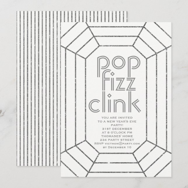 Art Deco silver pop fizz clink New Year party Invitation (Front/Back)