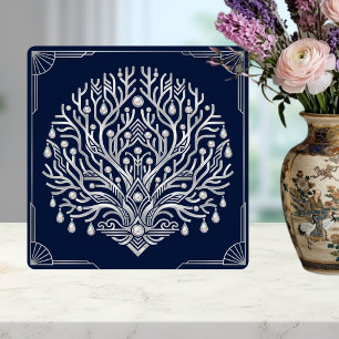 Art Deco Silver Tree Pearls Navy Marine Tile