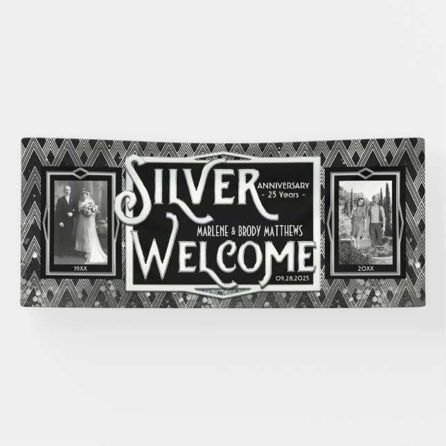 Art Deco Silver Wedding Anniversary Welcome Photo Banner (Horizontal)