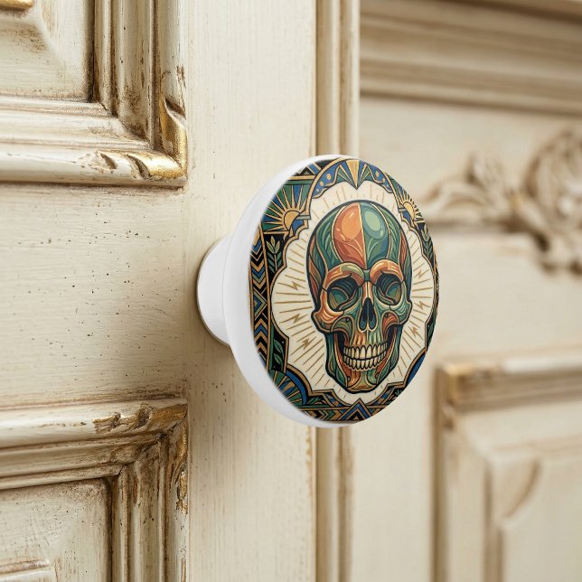 Art Deco Skull Emerald Green Orange Gold Ceramic  Knob (Creator Uploaded)