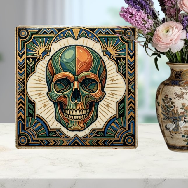 Art Deco Skull Emerald Green Orange Gold Ceramic T Tile (Creator Uploaded)