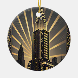 Art Deco Skyline New Year Invitation Ceramic Ornament