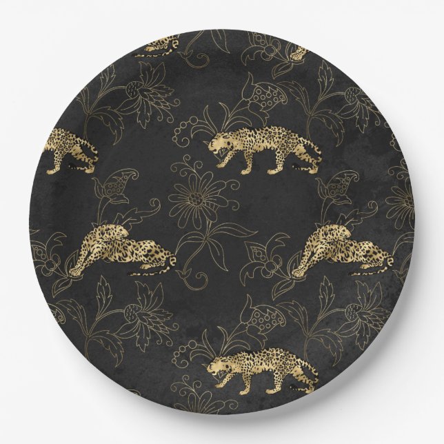Art deco Sophisticated Black and Gold leopard  Paper Plate (Front)