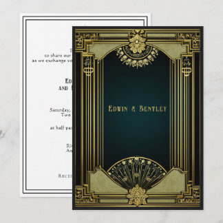 Art Deco Sophisticated Gold, Black & Sage Green  Invitation