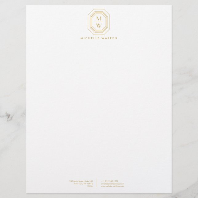 Art Deco Stacked Monogram Logo Gold/White Letterhead (Front)