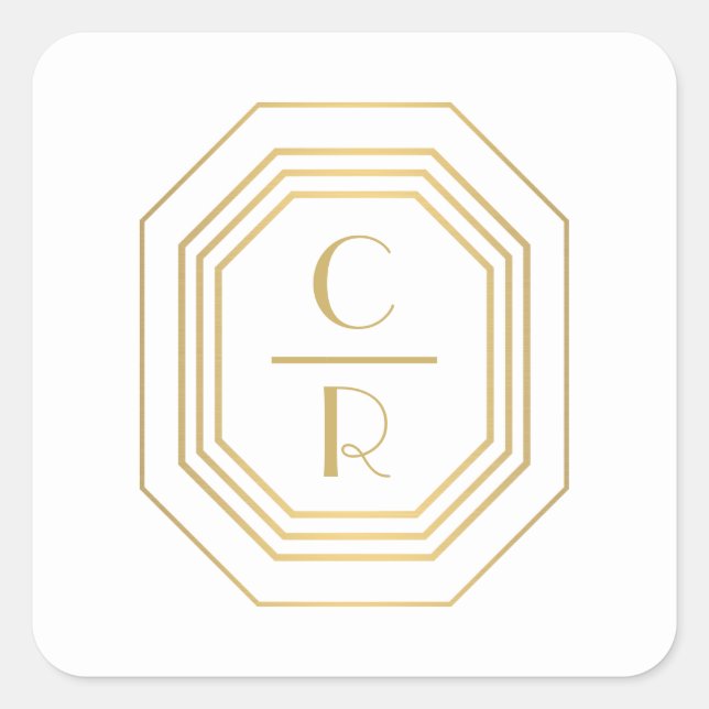 Art Deco Stacked Monogram Logo Gold/White Square Sticker (Front)
