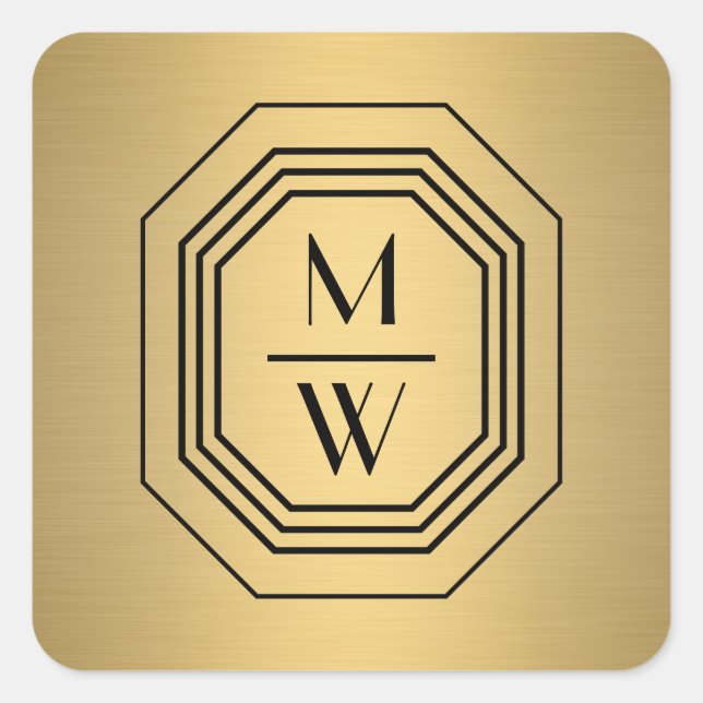 Art Deco Stacked Monogram Logo on Faux Gold Square Sticker (Front)
