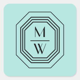 Art Deco Stacked Monogram Logo on Mint Blue/Green Square Sticker