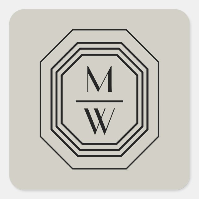 Art Deco Stacked Monogram Logo on Taupe Square Sticker (Front)