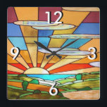 Art Deco Stained Glass 1 Square Wall Clock<br><div class="desc">10.75” x 10.75” acrylic wall clock with an Art Deco stained glass image of a landscape scene. See the entire Roaring 20s Clock collection in the DECOR | Clocks section.</div>