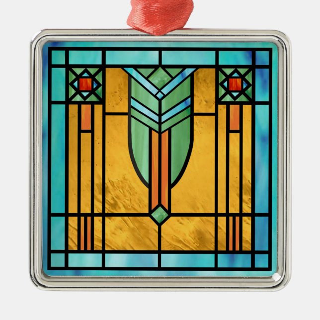 Art Deco Stained Glass 3 Metal Ornament (Front)