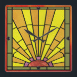 Art Deco Stained Glass 3 Square Wall Clock<br><div class="desc">10.75” x 10.75” acrylic wall clock with an Art Deco stained glass image of a sunrise. Black orbs mark the 12,  3,  6,  and 9 positions. See the entire Roaring 20s Clock collection in the DECOR | Clocks section.</div>