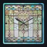 Art Deco Stained Glass 4 Square Wall Clock<br><div class="desc">10.75” x 10.75” acrylic wall clock with an image of intricate Art Deco stained glass in pink,  blue and green. Black orbs mark the 12,  3,  6,  and 9 positions. See the entire Roaring 20s Clock collection in the DECOR | Clocks section.</div>