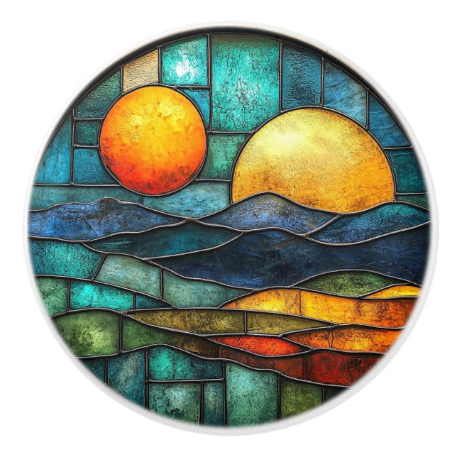   Art Deco Stained Glass Sun Moon Water Ceramic Knob (Front)