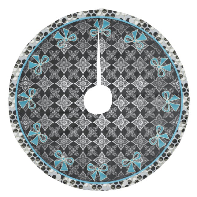 Art Deco Star Flowers Black - White with Blue Bows Fleece Tree Skirt (Front)