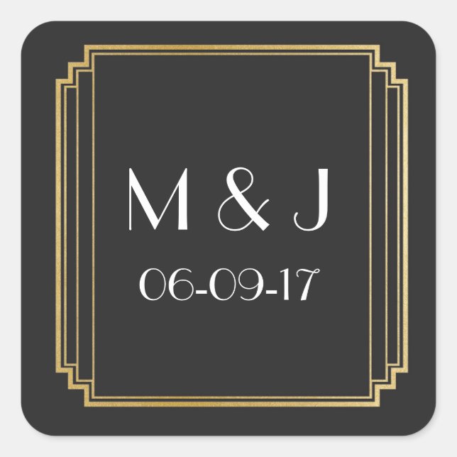 Art Deco Stickers Black Gold Square Favours (Front)