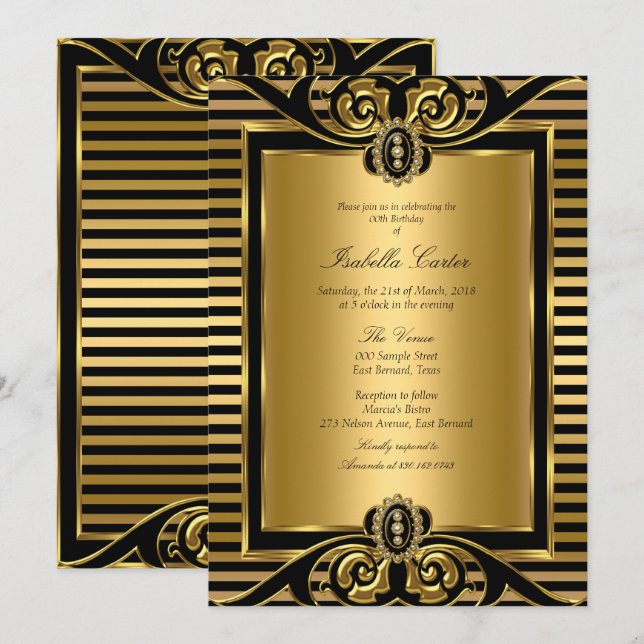 Art Deco Stripe Gold Black Birthday Party 2 Invitation (Front/Back)