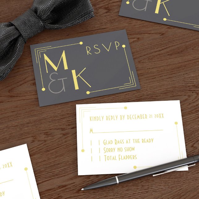 Art Deco Style 1920 Black Gold RSVP Cards (A 1920s vibe with the RSVP and perfect for your Gatsby Wedding. Just add your details)