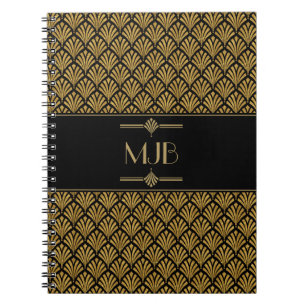 Art Deco Style Black and Gold Fan Pattern Notebook