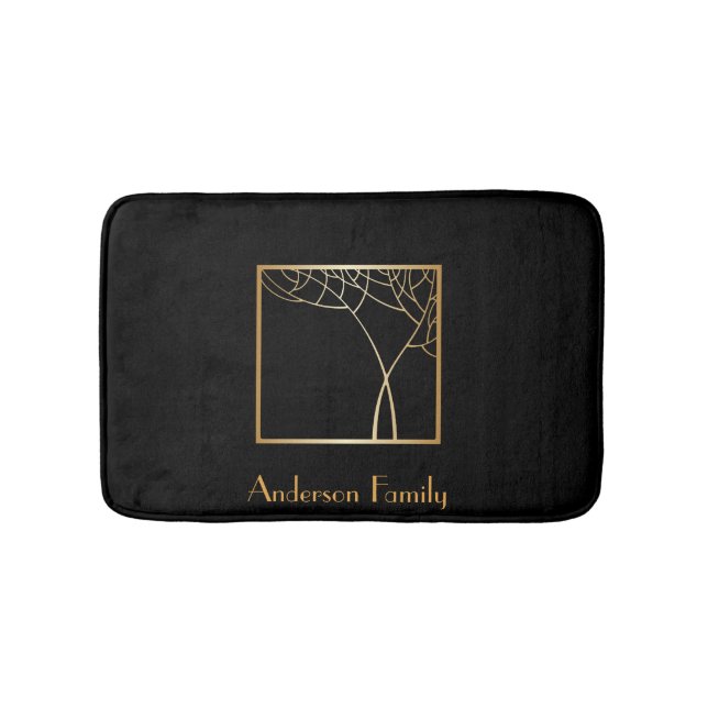 Art deco style faux gold tree with frame on black bath mat (Front)