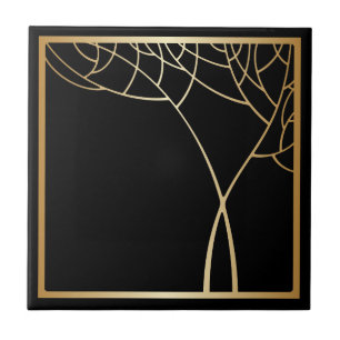 Art deco style faux gold tree with frame on black tile