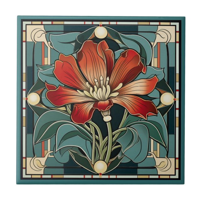 Art deco style flower pattern ceramic tile (Front)
