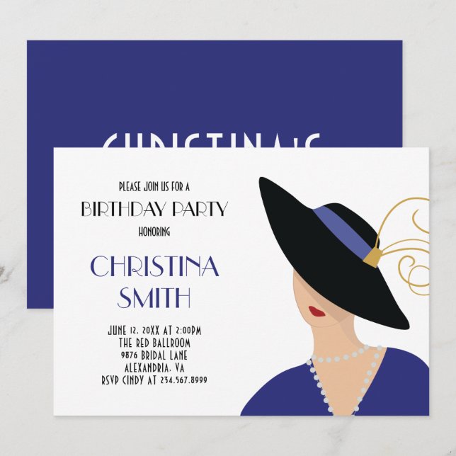 Art Deco Style Girl in Black Hat Birthday Party Invitation (Front/Back)