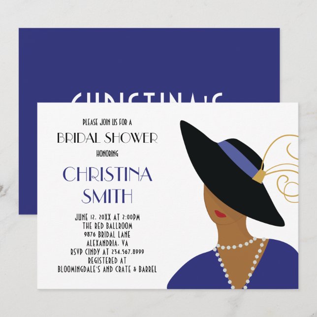 Art Deco Style Girl in Black Hat Bridal Shower Invitation (Front/Back)