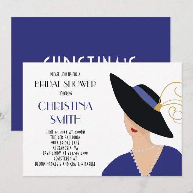 Art Deco Style Girl in Black Hat Bridal Shower Invitation (Front/Back)