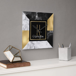 Art Deco Style Marble and Gold Monogrammed  Square Wall Clock