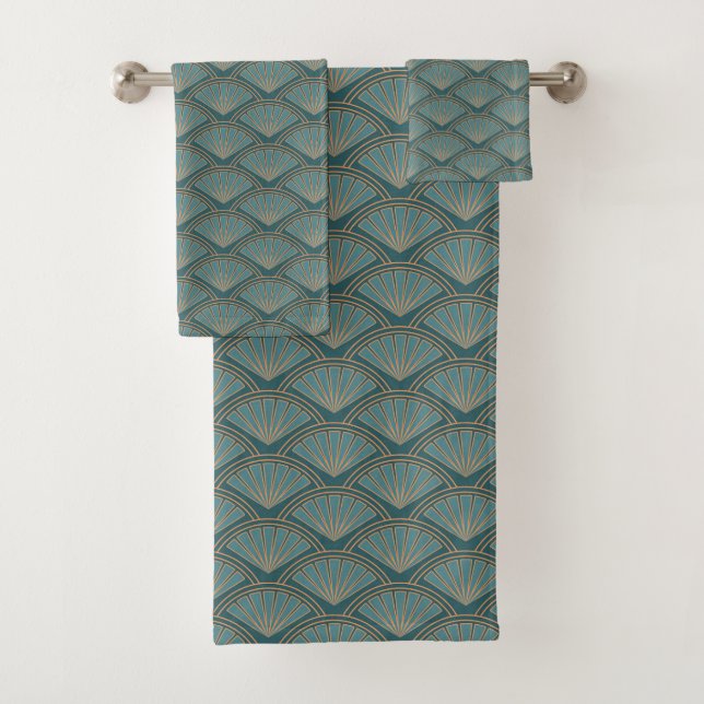 Art Deco style pattern in teal blue colour Bath Towel Set (Insitu)