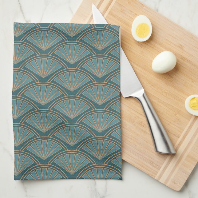 Art Deco style pattern in teal blue colour Kitchen Towel (Quarter Fold)