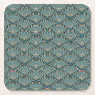 Art Deco style pattern in teal blue colour Square Paper Coaster