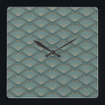 Art Deco style pattern in teal blue colour Square Wall Clock<br><div class="desc">Abstract geometric wavy pattern in Art Deco style on with teal blue and copper coloured waves and fan decoration on dark teal blue colour background.</div>
